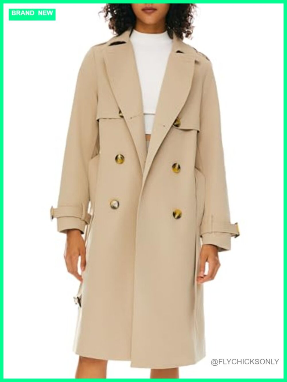 Womens Double Breasted Trench Coat Belted Midi 100% Polyester